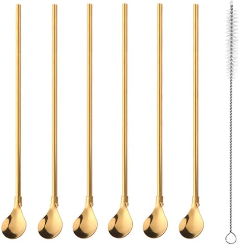 Falytemow Cucharas de acero inoxidable reutilizables, cucharas de cóctel de metal, pajitas con cepillo de limpieza largo para bebida, batidos,