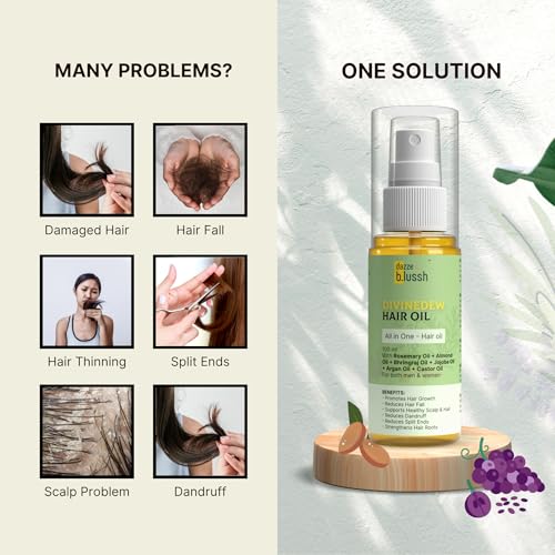 Image of Dazze & Blussh DivineDew Organic Hair Growth Oil - Reduces Hair Fall, Dandruff & Promotes Growth - With Rosemary, Almond, Bhringraj, Jojoba & Castor - 100ml