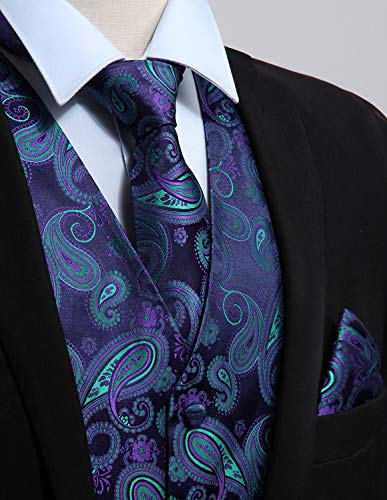 Image of HISDERN Mens Vest Tie Set 3PC Formal Waistcoat Paisley Floral Jacquard Necktie Pocket Square Suit Vests Wedding Party