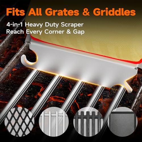 Image of Bristle-Free Grill Brush with Heat-Resistant Kevlar Fiber Head, Red | Steam Cleaning, Replaceable No-Wire Head, 17 inch Handle, 4-in-1 Scraper, for Porcelain /Ceramic /Stainless Steel /Cast Iron Grate