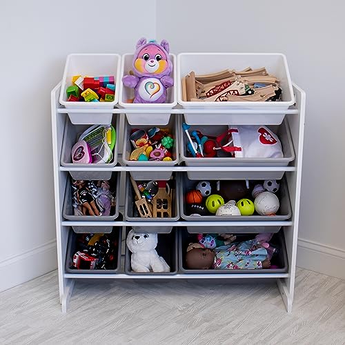Image of Humble Crew Toy Storage Organizer with 12 Removable Storage Bins for Kids Playroom, 4-Tier Toddler Toy Organization, White /Grey Gradient