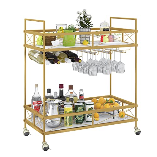 OIOG Gold Bar Cart with Wine Rack and Glass Holder, 2-Tier Home Bar Serving Cart with Marble Shelves, Modern Wine Cart for Kitchen and Dining Room