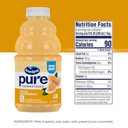 Image of Ocean Spray Pure Unsweetened White Grapefruit, 100% White Grapefruit Juice, 32 Fl Oz Bottle, (Pack of 8)