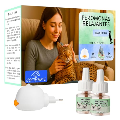 COFIHOME - Difusor de Feromonas Calmantes para Gatos - 1 Difusor + 2 recambios 48ml - Vaporizador Antiestrés Feromonas Gato - Miedo, Marcajes de Orina - Solución a Estrés Felino - Gatos