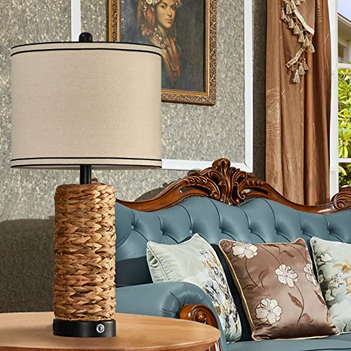 Touch Table Lamps Set Of 2, 3-Way Dimmable Bedside Lamps Coastal Rattan Nightstand Lamp With 2 Usb Ports And Ac Outlet Woven Seagrass Led Table Lamp For Living Room Home Office,2 Led Bulbs Included #TOP6