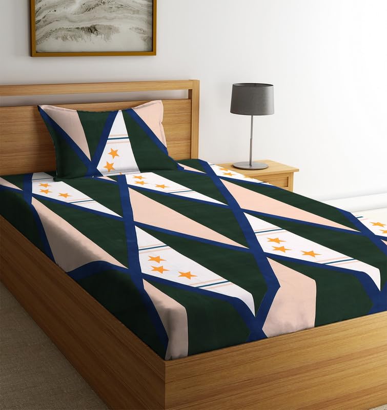 la’ amour Premium Glace Cotton 180 TC Flat Single Bedsheets for Summer Breathable | Wrinklefree (Size-60 X 90 Inch) with 1 Pillow Covers (Size-17 X 27 Inches, Green White)