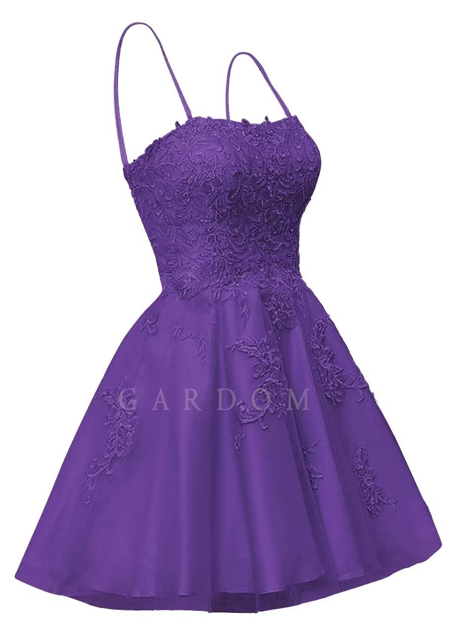 GARDOM Lace Applique Tulle Short Prom Dress Spaghetti Strap Homecoming Dresses 2024 Backless A-Line Cocktail Ball Gown