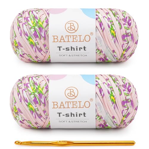 Image of 2 Pack T-Shirt Yarn for Beginner Crochet Bags /Basket /Coaster, 400g /144yds High Elastic Thick Polyester Fabric (Floral Pink)