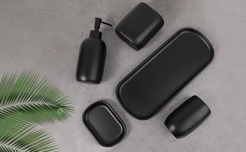 Bathroom Accessory Set, Foverone 5 Pcs Resin Countertop Complete Vanity Accessories Set With Vanity Tray, Tumbler, Toothbrush & Toothpaste Holder, Lotion Dispenser, And Soap Dish - Matte Black #TOP6