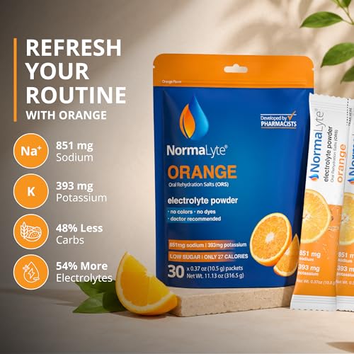 Image of NormaLyte Orange Electrolyte Powder Packets, Hydration Stick, 30 Count | Clinically studied formula, Electrolyte drink mix, Hydration support, Single-serve convenience, Ready in seconds