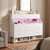 Romorgniz 10-Drawer Dresser for Bedroom, LED Dresser with Power Outlets & Bottom Shoe Rack, Organizer Cabinet, White