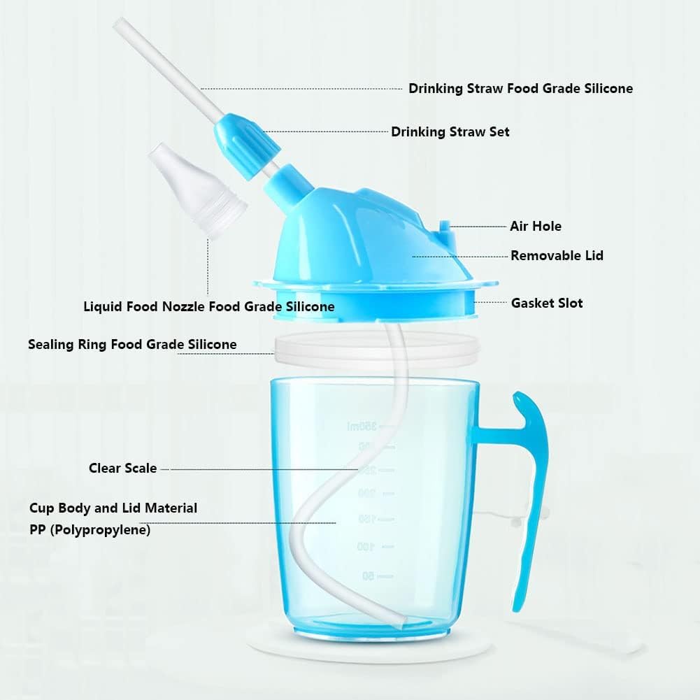 Taza de alimentación con pajita flexible para adultos mayores y discapacitados, 350 ml, ayuda para beber agua, gachas y sopa, taza ideal para cuidadores