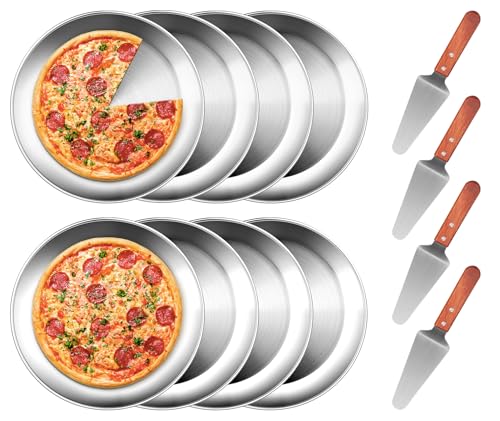 tchrules 12 Inch Pizza Pan Set of 8, Stainless Steel Pizza Tray, Round Non-Stick Coating Pizza Plate for Oven Kitchen Baking Home Restaurant, Dishwasher Safe ?Silver?