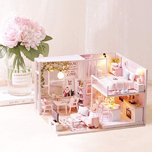 Puppenhaus Miniatur mit Möbeln, Maßstab 1: 24 Wooded DIY Puppenhaus Kit Pink Sweet Cute Modern Loft Modell Romantische Kunstwerk Lernspielzeug Geburtstagsgeschenk für Mädchen – Bild 3
