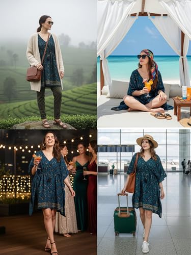 Image of KE KANHA EXPORTS Kaftan Dress|kafthan|kaftan kurti for women|beach wear dress for women|Boho Beach|Border Print Drawstring Tassel|Printed|Easily fits M TO XXL|Bust32-42in Length36in