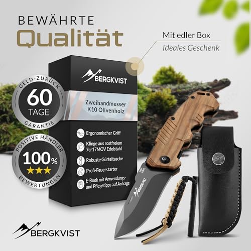BERGKVIST® K10 Klappmesser (Zweihandmesser) - scharfes Taschenmesser für Outdoor & Survival mit Feuerstahl & Tasche - Mitführen in Deutschland erlaubt - Griff aus Olivenholz
