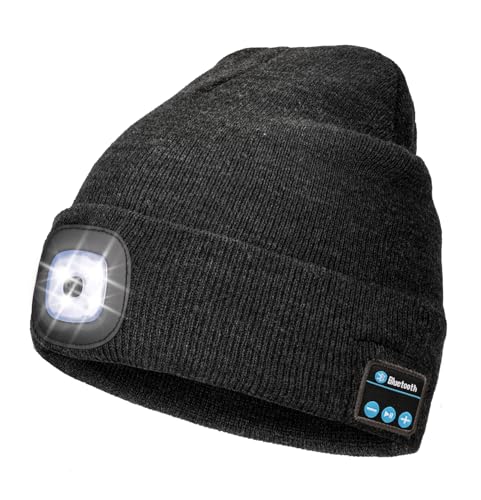Image of Wmcaps Bluetooth Beanie with a Light, Unisex USB Rechargeable 4 LED Fashlight Hat with Cordless Headphones, Unique Christmas Birthday Gifts for Men Him Husband Teen