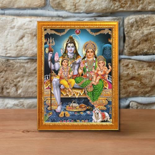 Image of Shiv Parivar Religious Wood Wall Mount Rectangular Photo Frame With Acrylic Glass