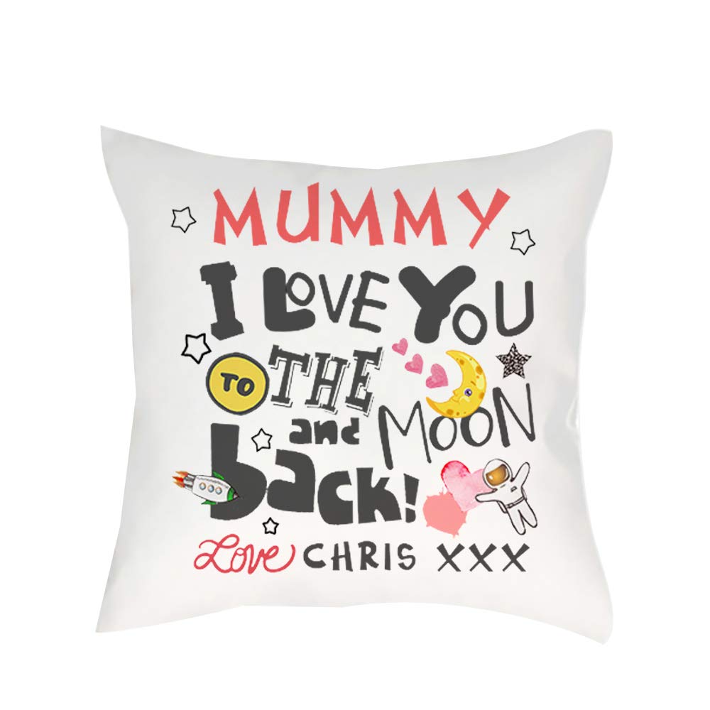 Giftme Personalised Mothers Day themed Mummy/Any Name I love you to the moon & back Birthday Throw Pillow - Cushion Cover with insert. (Satin Insert)