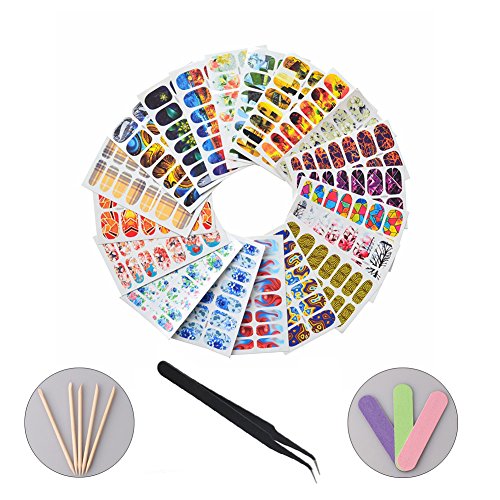 WOKOTO 20 Sheets Nail Decals Water Transfer Stickers For Nail Art With 1 Pcs Anti-Static Tweezers 3 Pcs Nail Files and 5 Pcs Wood Nail Art Stick Cuticle Pusher Set