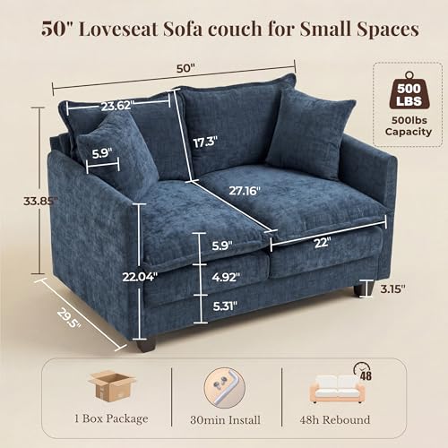 Image of Loveseat Sofa with Cloud 3-Layer Cushion & 27 inch Deep Seat, Modern Small Couch with 2 Washable Pillows for Small Spaces, Bedroom, Apartment, Office, Living Room, in a Box, 50-Inch Blue