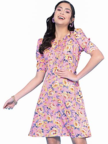 Image of OOMPH! Below Knee Shift Pink Dress in Crepe Fabric with Round Neck and Puff Sleeves - md619l