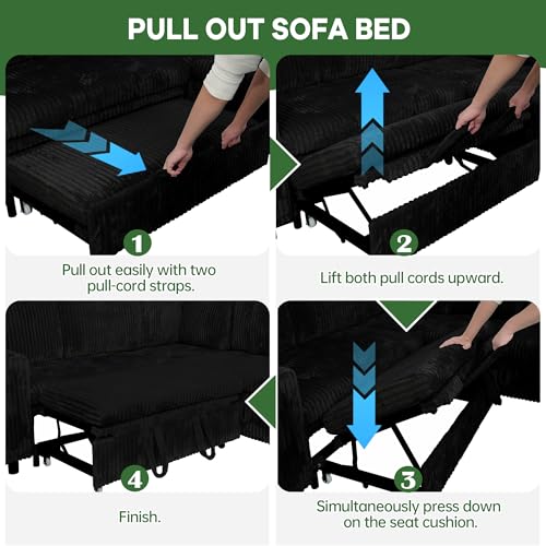 Image of Oversized Sectional Couch, U Shaped Corduroy Couch for Living Room, Sectional Sleeper Sofa with Pull Out Bed, Convertible Sofa Bed for Living Room, Bedroom and Apartment, Black