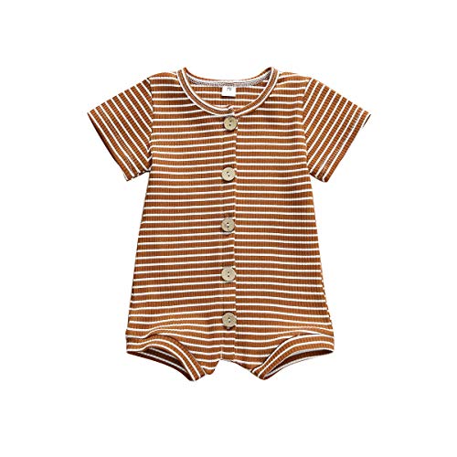Luckinbaby Baby Unisex Romper Jumpsuit, Basic Plain Rib Stitch Stripe Short Sleeve Bodysuit Clothes for Infant Boy Girl (A-Brown, 6-9 Months)