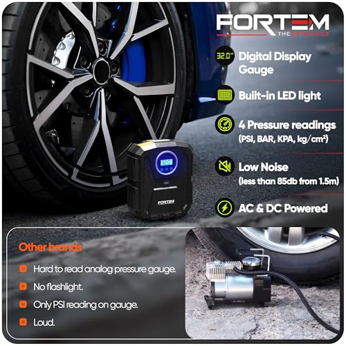 Image of FORTEM Car Wheel Inflator, Air Compressor - Portable Air Compressor for Wheels 230V AC 12V DC with LED Light - Digital Pressure Gauge, Self-Pumping, Auto Stop - Carry Bag