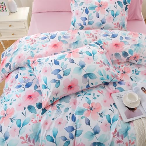 Image of MUXHOMO Pink Blue Branch Full Comforter Set, Elegant Floral Print Bed in a Bag 7 Pieces, Ultra Soft & Breathable Reversible Botanical Pattern Bedding Set with Comforter, Sheets, Pillowcases, and Shams