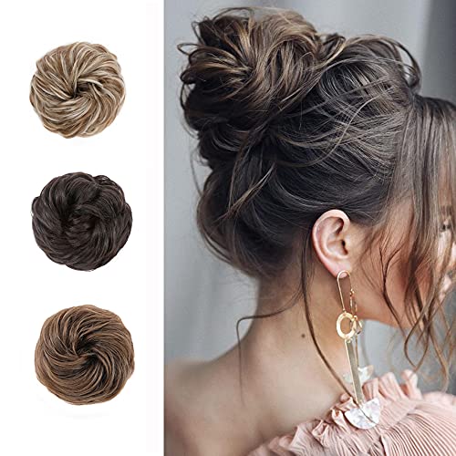 Messy Bun Hair Piece Thick Scrunchy Updo Hair Pieces for Women Wavy Hair Bun Scrunchies Donut Chignon Hairpiece with Elastic Rubber Band 48g Light Auburn & Dark Blonde