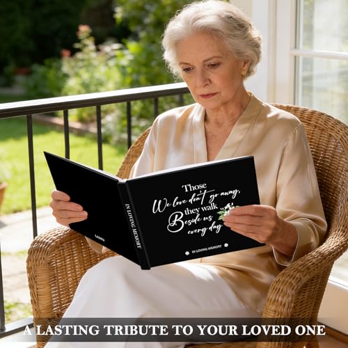 Image of Lanpn Funeral Guest Book for Memorial Service, 100 Pages in Loving Memory Sign in Books for Guests with Memorial Table Sign, Leather Cover Funeral Favors Registry Book, Black