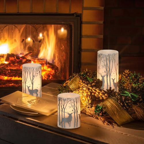 Image of Eldnacele Christmas Flickering Flameless Candles with 6 Hour Timer, Silver Deer Decal Battery Operated Real Wax LED Pillar Candles Home Tabletop Holiday Decor(3Pcs,3x4 /5 /6 Inches)