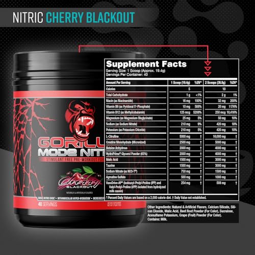 Image of Gorilla Mode Nitric Upgraded Stimulant Free Pre-Workout - Best Tasting and Most Effective Stimulant Free Pre-Workout /Massive Pumps . Vasodilation . Power / 776 Grams (Cherry Blackout)
