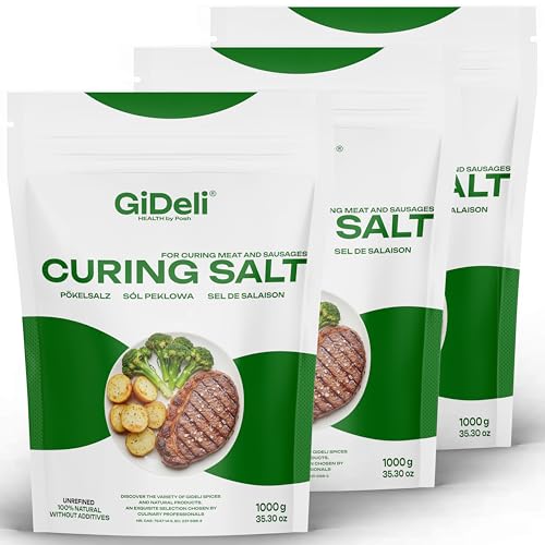 GiDeli Sel de salaison 3 kg de sel de nitrite pour viande, saucisses et jambon de qualité professionnelle, grain fin, parfait pour le salage sec et humide (3 x 1 kg)