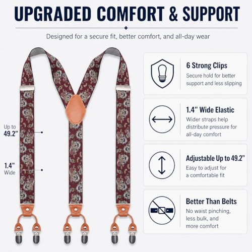 Image of Men's Heavy Duty Y-Back Suspenders, 6 Strong Metal Clips Adjustable Elastic Straps for Work, Tuxedos, and Daily Wear
