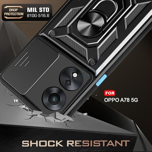 Image of AESTMO Tough Armor Oppo A78 5G Bumper Back Case Cover | Ring Holder & Sliding Camera Shield Cover | 360 Degree Protection Back Case Cover for Oppo A78 5G (Black)