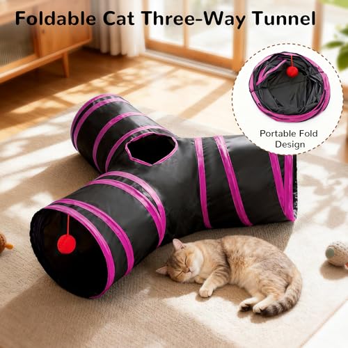 Image of Tempcore Cat Tunnel for Indoor Cats, 3 Way Collapsible Pet Play Tunnel with Teaser Wand, Peek Holes & Hanging Ball, Interactive Tube for Kittens & Rabbits, Black & Rose Red