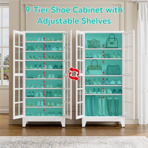 Image of Tall Shoe Cabinet with Doors and Adjustable Shelves | 9-Tier Metal Shoe Storage 36 Pairs of Shoes,Large Shoe Rack,Storage Cabinet for Entryway Doorway Garage Living Room,White