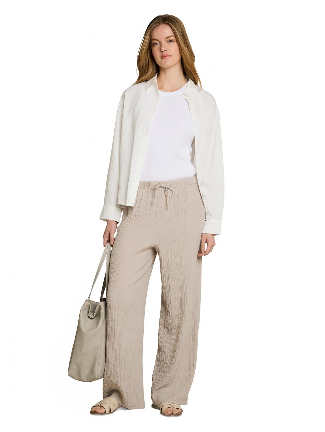 Tom Tailor Denim Damen Seersucker Wide Leg Hose mit Kordelzug 1051405