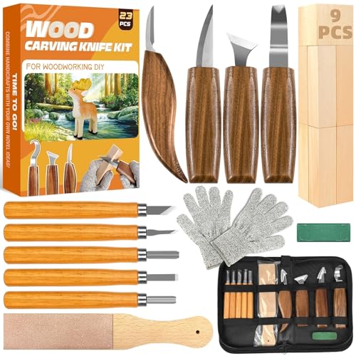 K KERNOWO Woodworking Tools Set 23PCS Wood Whittling Kit for DIY Lovers Beginners Including Basswood Blocks PU Storage Bag