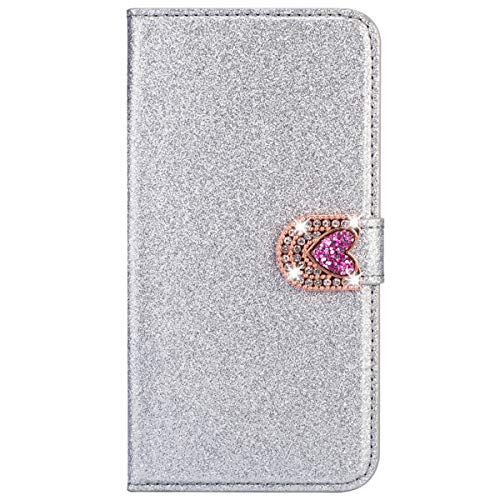 XYX Wallet Case for iPhone XR, Bling Glitter Red Love Diamond Buckle Flip Card Slot Luxury Girl Women Phone Cover, Silver