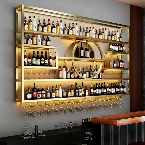 Image of 47in Wine Rack Wall Mounted, Large Capacity Hanging Wine Bottles Display Shelf with Glasses Holder, 4 Tier Industrial Bar Liquor Storage Shelves for Home Bar Kitchen,Living Room (Gold, 47in /120cm)
