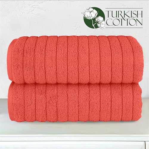 Image of Elegant Comfort 100% Turkish Cotton Corduroy Ribbed Luxury Soft 2 Pack Bath Towels 27 x 54 Inch - Ultra Plush, Absorbent, Quick Dry, Hotel Spa Quality Towels for Bathroom Essentials, Coral