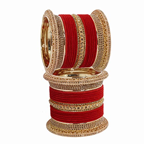 Image of NMII Non-Precious Metal with Base Metal and Studded with Zircon Gemstone Glossy Finished Traditional Velvet Bangle Chuda set for Women and Girls