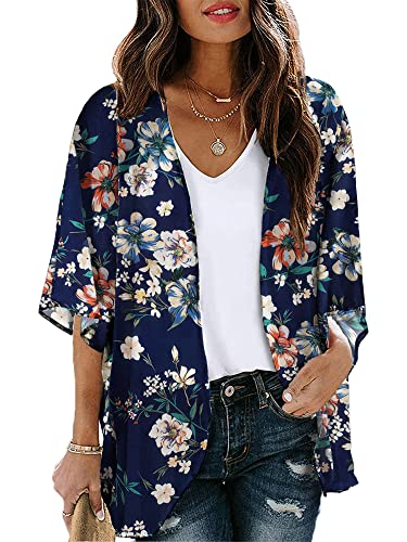 Image of Chunoy Women Floral Lightweight Chiffon Kimono Cardigan Short Sleeve Loose Beach Wear Cover Up Blouse Top Large