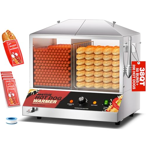 WantJoin Commercial Hot Dog Steamer - 36L/38QT Electric Hot Dog Steamer with Bun Warmer, Stainless Steel Hot Dog Cabinet with Tempered Glass for 200-275 Sausages & 45 Buns, 1200W