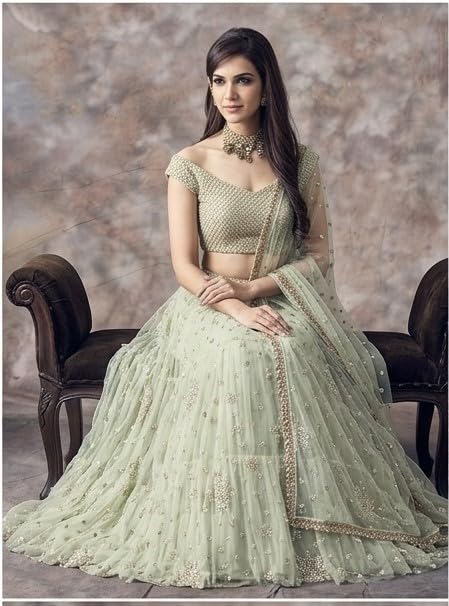 Image of JIHU CULTURE Pista Green Soft Net Embroidery Work Semi Sttiched Lehenga Choli Set For Women