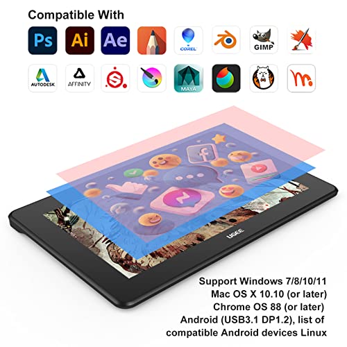 UGEE U1600 tavoletta grafica con schermo,15.4" FHD tavoletta grafica, SRGB 127% Monitor da Disegno,Compressa con film antiriflesso AG, Senza Batteria con 8192 Livelli con gomma digitale - 7