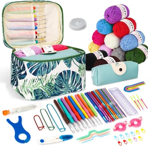 TOSUTO Uncinetto Set,Kit Uncinetto Principianti,set di uncinetti con 12 lana,Kit Principianti,accessori all'uncinetto,uncinetti ergonomici con manico morbido e ago in metallo, 2,0 – 10 mm